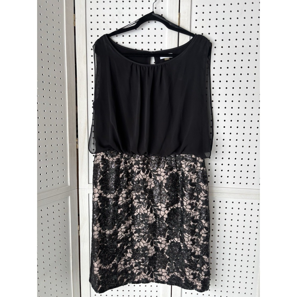 Calvin Klein Chiffon Lace Overlay Sleeveless Dress Black Sz 16 Party Cocktail